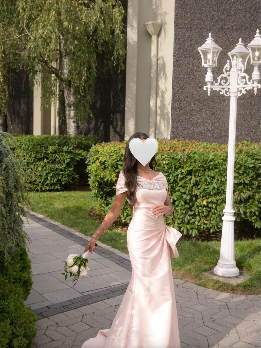 Terani Couture Blush Satin Off-Shoulder Evening Gown